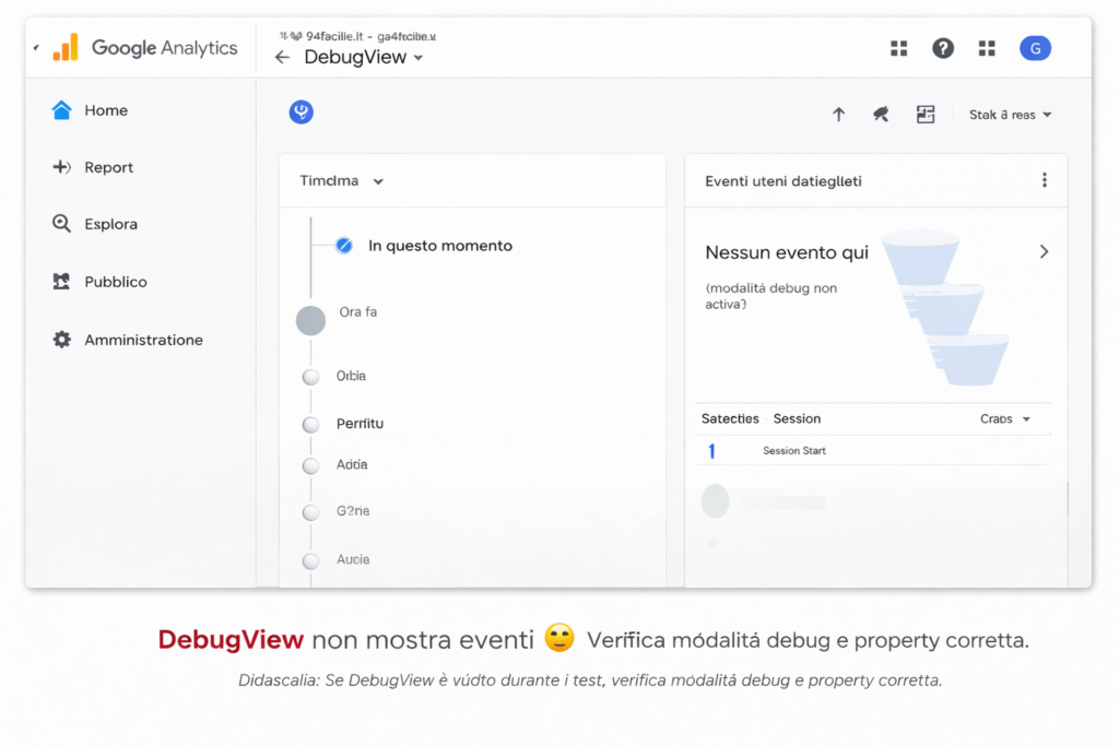 DebugView GA4 vuoto: nessun evento registrato durante i test