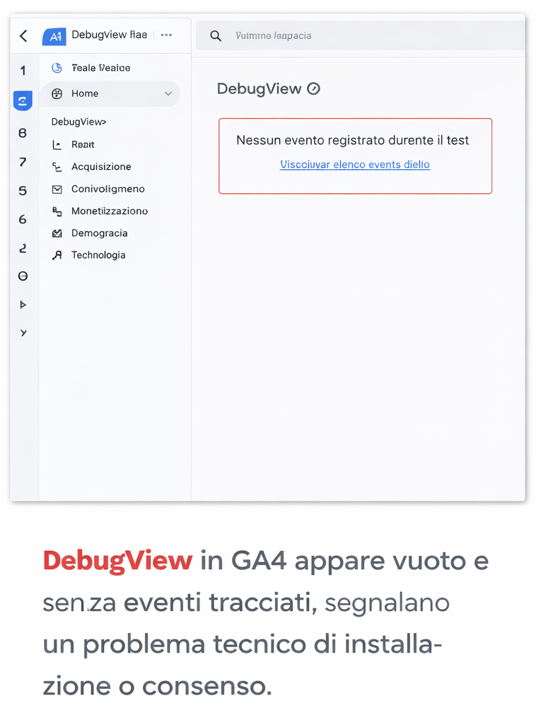 DebugView GA4 vuoto: nessun evento registrato durante il test di tracciamento