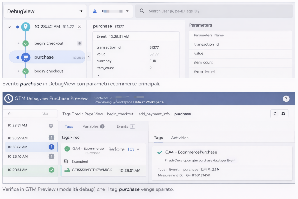 GA4 non traccia ecommerce: evento purchase in DebugView con parametri transazione
