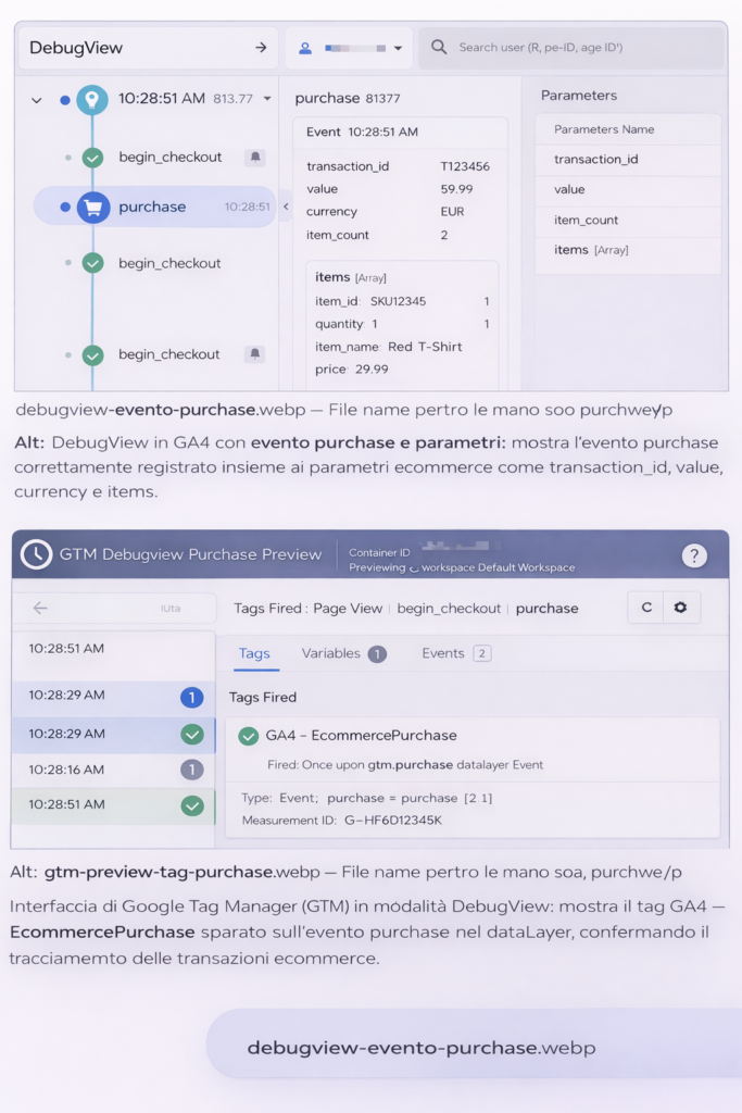 GA4 non traccia ecommerce: GTM Preview con tag purchase fired e evento nel dataLayer