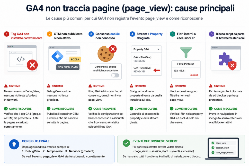 Cause principali per cui GA4 non registra l’evento page_view e troubleshooting delle configurazioni