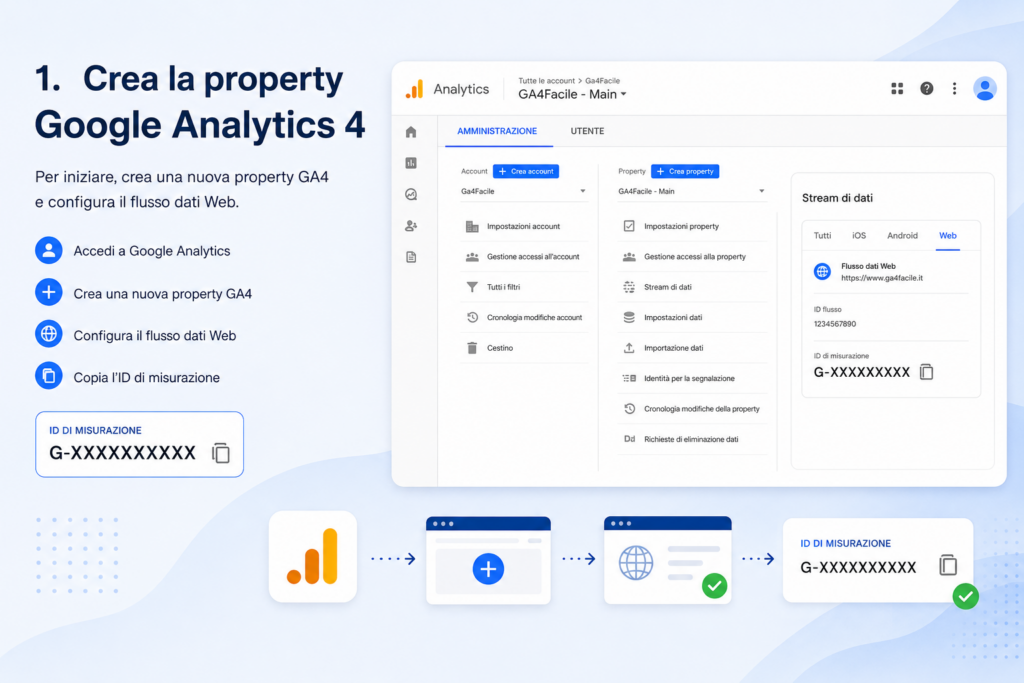 Creazione di una property Google Analytics 4 e configurazione del flusso dati Web con ID di misurazione GA4.