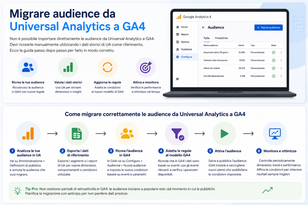 Migrazione delle audience da Universal Analytics a Google Analytics 4 con procedura passo dopo passo.