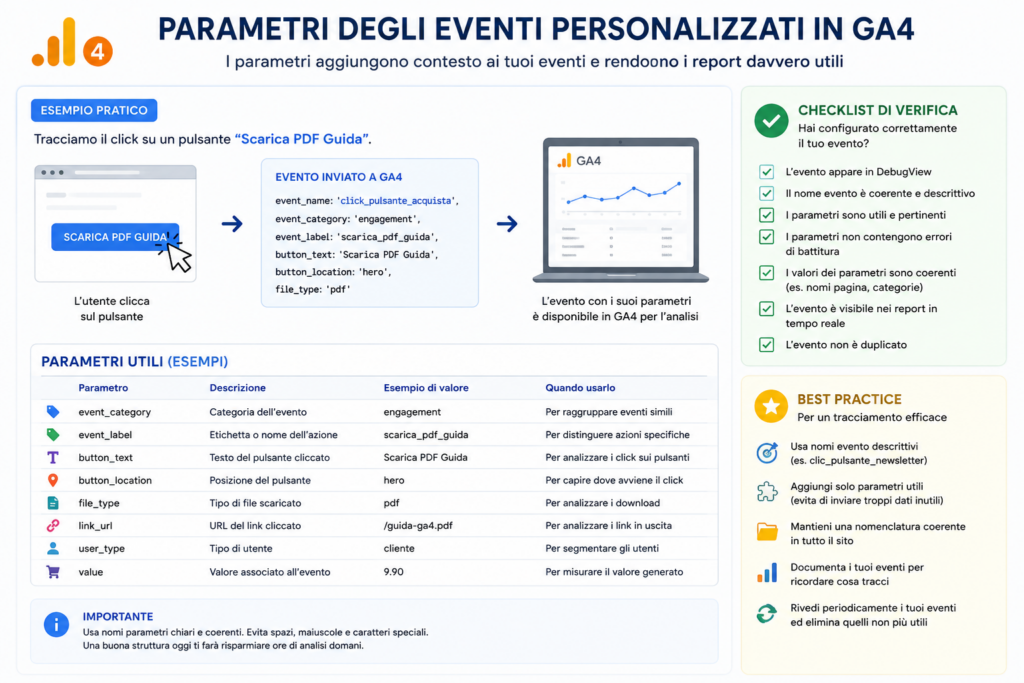 Infografica esplicativa sui parametri degli eventi personalizzati in Google Analytics 4, con esempi pratici di tracciamento, tabella dei parametri utili e checklist di verifica.